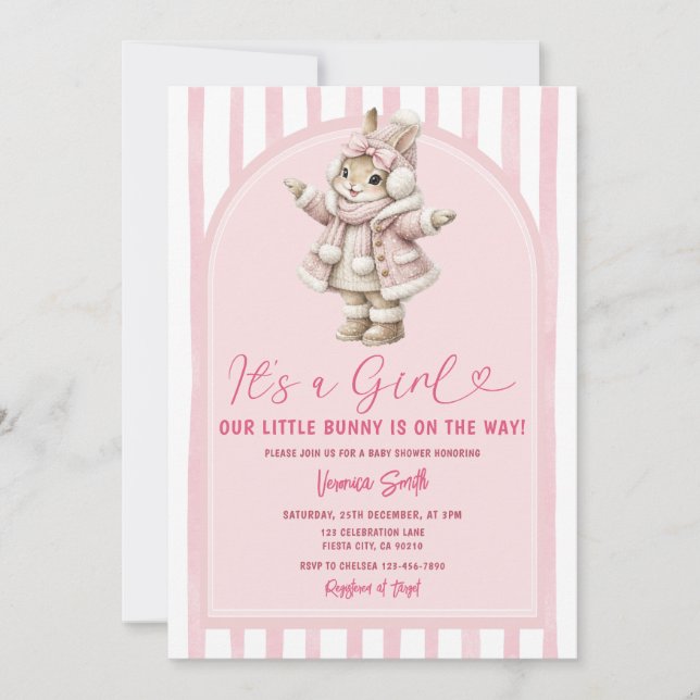 Arch Boho Cute Bunny pink bow baby shower Invitation (Front)