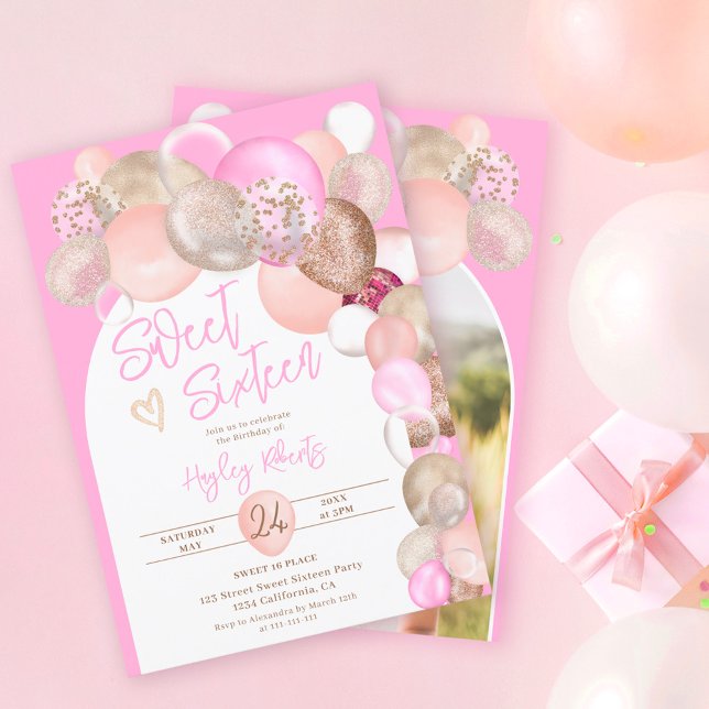 Arch Boho glitter balloons pink purple Sweet 16 Invitation (Creator Uploaded)