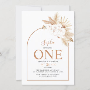 Arch Boho Pampas Grass Baby Girl 1st Birthday Invitation