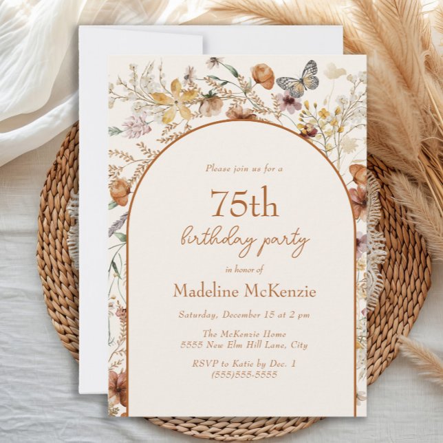 Arch Boho Wildflowers 75th Birthday Invitation (Boho floral and butterfly 75th birthday invitation)