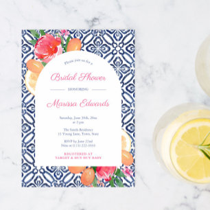 Arch Bold Citrus Floral Blue Tile Wedding Shower Invitation