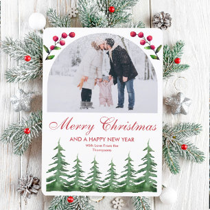 Arch Botanical Pine Trees Snow Christmas Photo Holiday Card