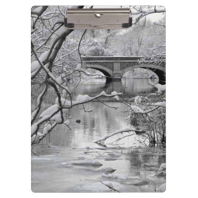 Arch Bridge over Frozen River in Winter Clipboard (Front)
