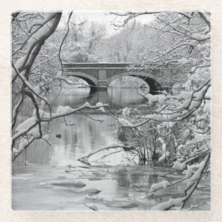 Arch Bridge over Frozen River in Winter Glass Coaster