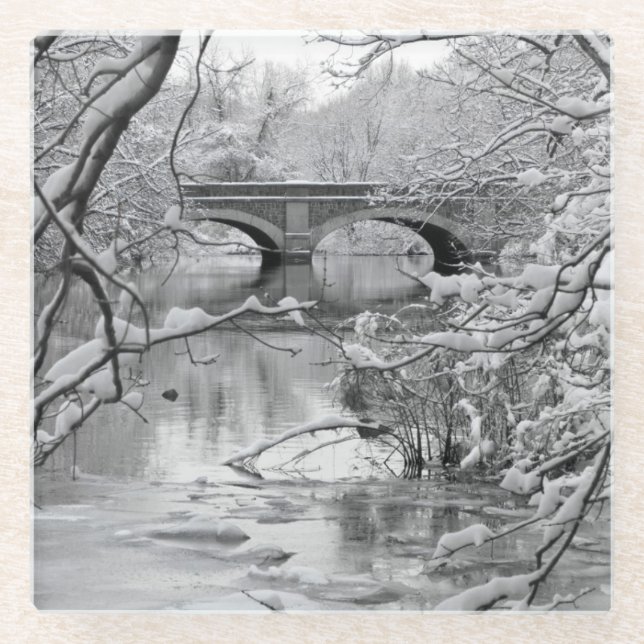 Arch Bridge over Frozen River in Winter Glass Coaster (Front)