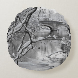 Arch Bridge over Frozen River in Winter Round Cushion