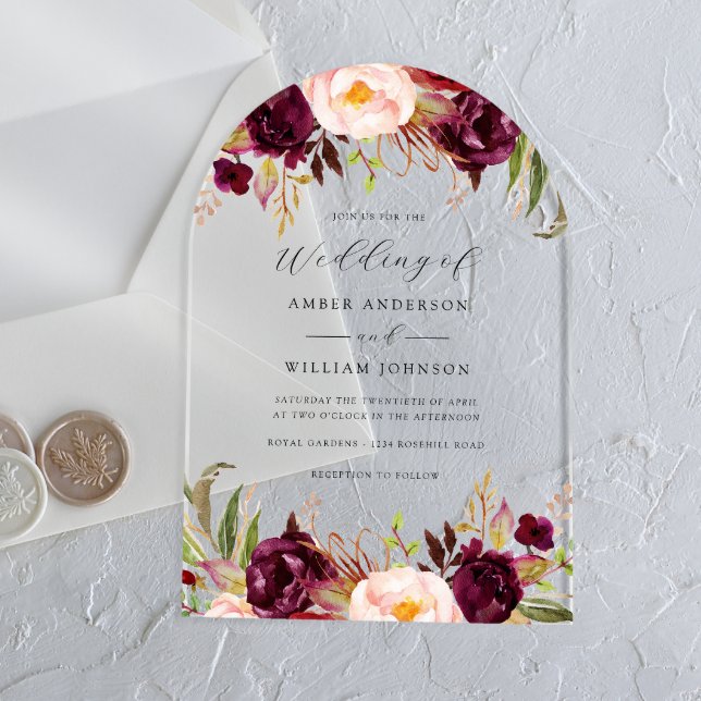Arch Burgundy Blush Bloom Wedding   Acrylic Invitations (Creator Uploaded)