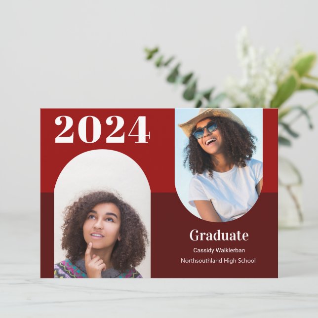 Arch Burgundy Two Photo Graduation Announcement (Standing Front)