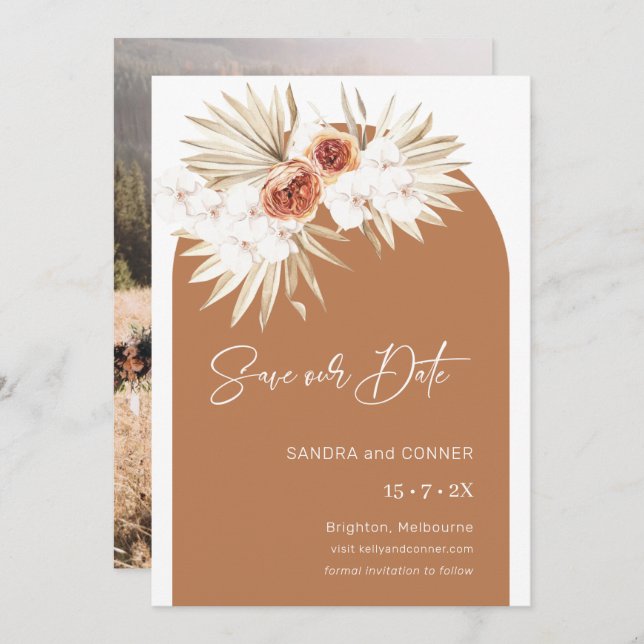 Arch Burnt Orange Floral Save The Date Card (Front/Back)