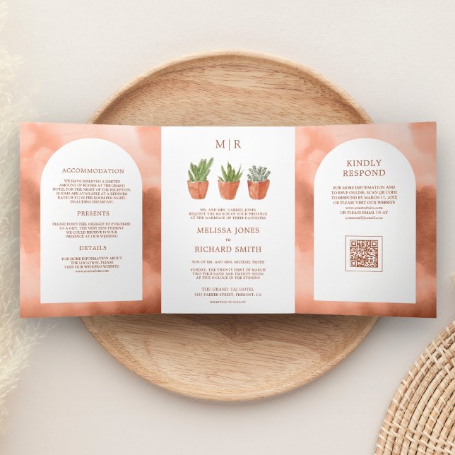 Arch Desert Cactus Terracotta Pots QR Code Wedding Tri-Fold Invitation (Creator Uploaded)
