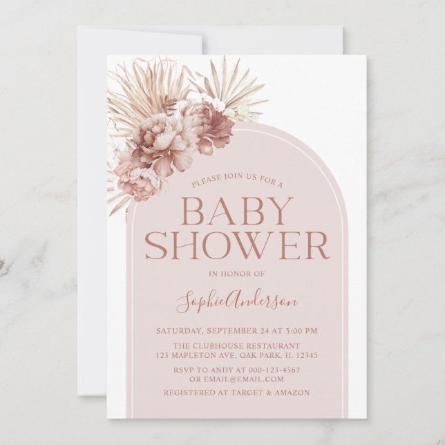 Arch Dusty Rose Boho Pampas Grass Baby Shower Invitation (Front)
