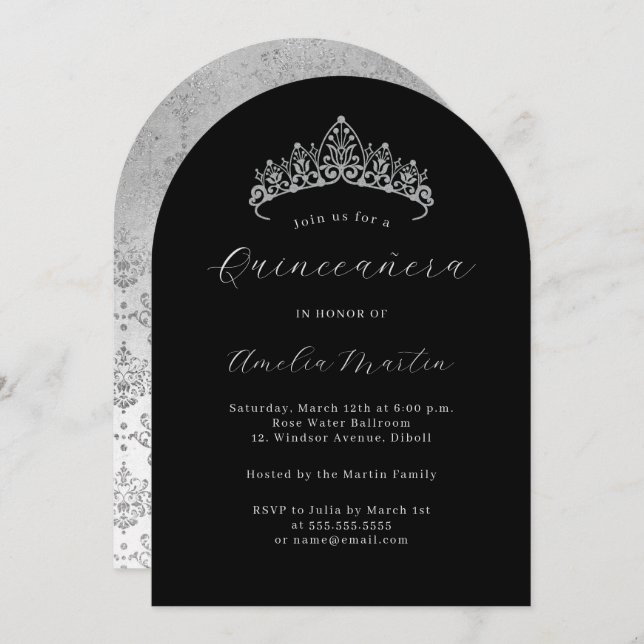 Arch Elegant Black Silver Tiara Quinceanera  Invitation (Front/Back)