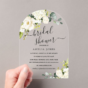 Arch Elegant White Ivory Floral Bridal Shower Acrylic Invitations