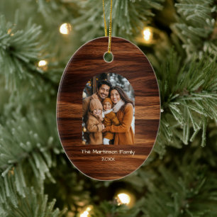 Arch Family Photo Personalized Woodgrain Christmas Ceramic Ornament