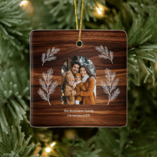 Arch Family Photo White Pine Branches Woodgrain Ceramic Ornament