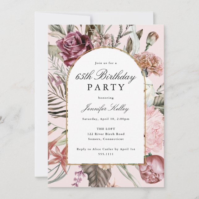 Arch Frame Botanical Birthday Party, Pink Invitation (Front)