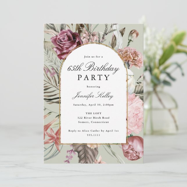Arch Frame Botanical Birthday Party, Sage Green  Invitation (Standing Front)
