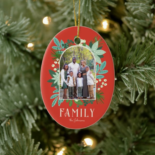 Arch Frame Floral Merry Christmas Photo Ceramic Ornament (Tree)