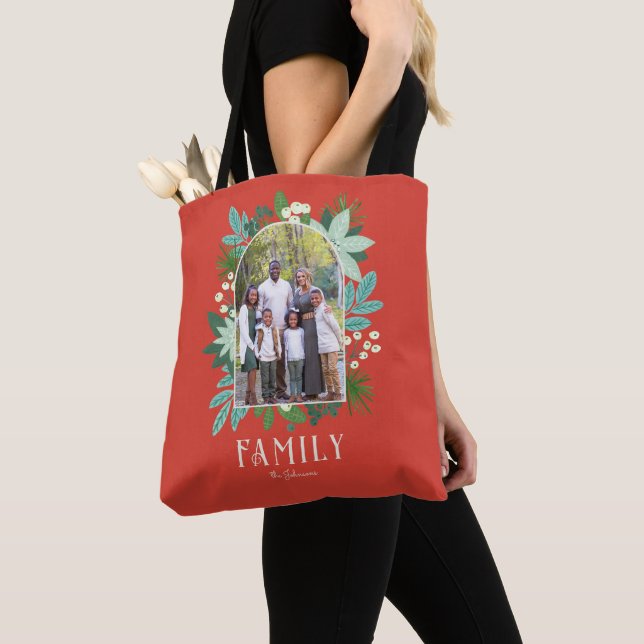 Arch Frame Red Floral Merry Christmas Photo Tote Bag (Close Up)