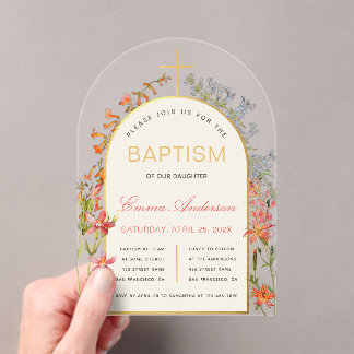 Arch Girl Baptism Gold Cross & Wildflowers Floral  Acrylic Invitations