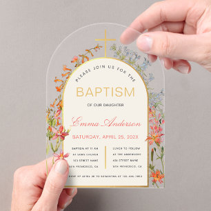 Arch Girl Baptism Gold Cross & Wildflowers Floral  Acrylic Invitations