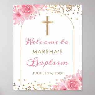 Arch Gold Glitter Pink Floral Baptism Welcome Sign