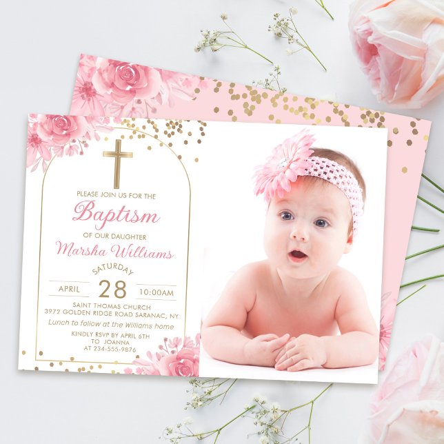 Arch Gold Glitter Pink Floral Girl Baptism Photo Invitation (Creator Uploaded)