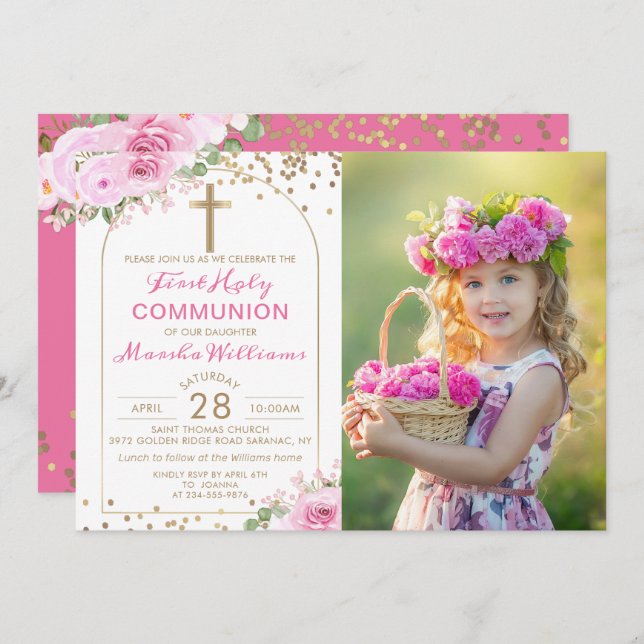 Arch Gold Pink Floral First Holy Communion Photo Invitation (Front/Back)