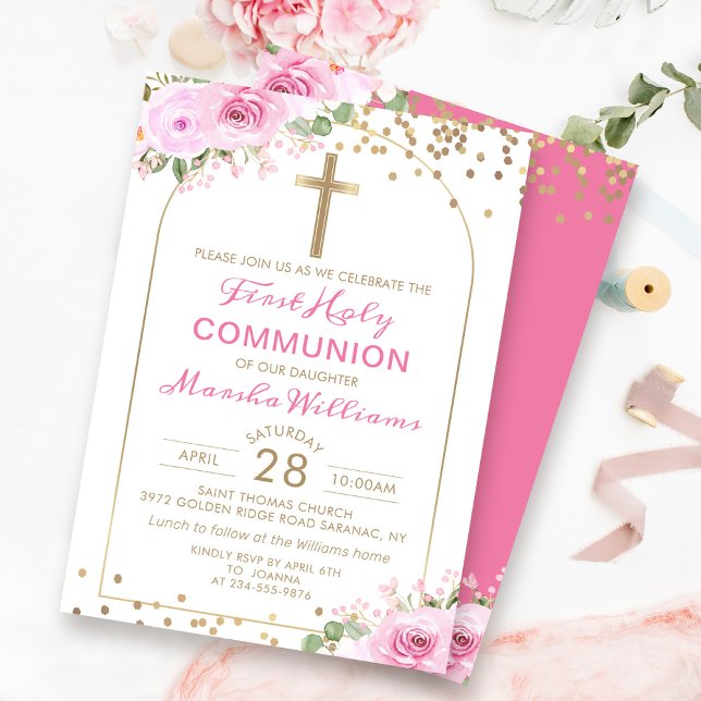 Arch Gold Pink Floral Girl First Holy Communion Invitation (Creator Uploaded)