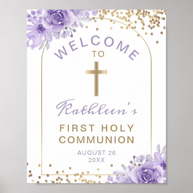 Arch Gold Purple Floral First Communion Welcome Poster (Front)