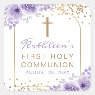 Arch Gold Purple Floral First Holy Communion Square Sticker