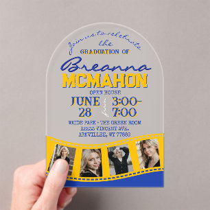Arch Graduation Photo Filmstrip Blue and Gold Acrylic Invitations