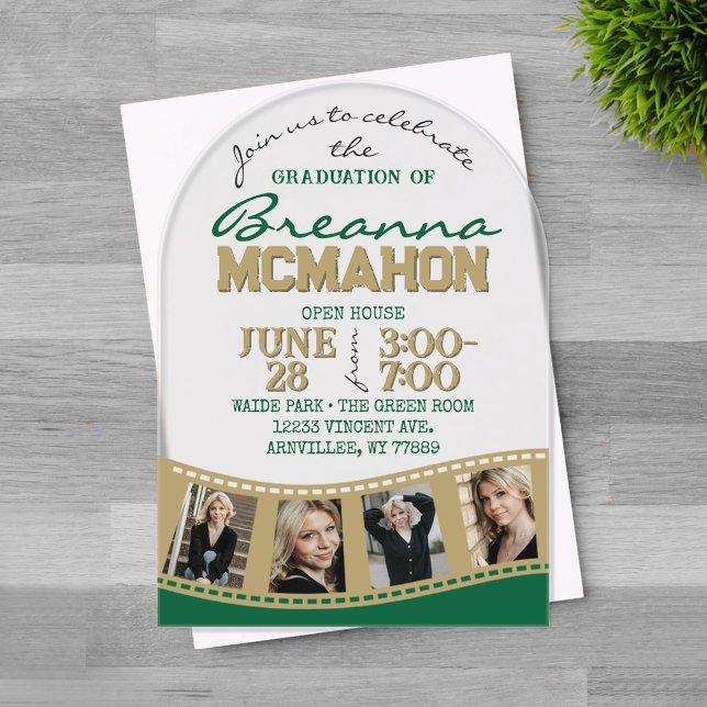 Arch Graduation Photo Filmstrip Green & Gold Acrylic Invitations (Trendy Unique Arched Bronze Gold and Green 4 Photo Filmstrip Graduation Invitation)