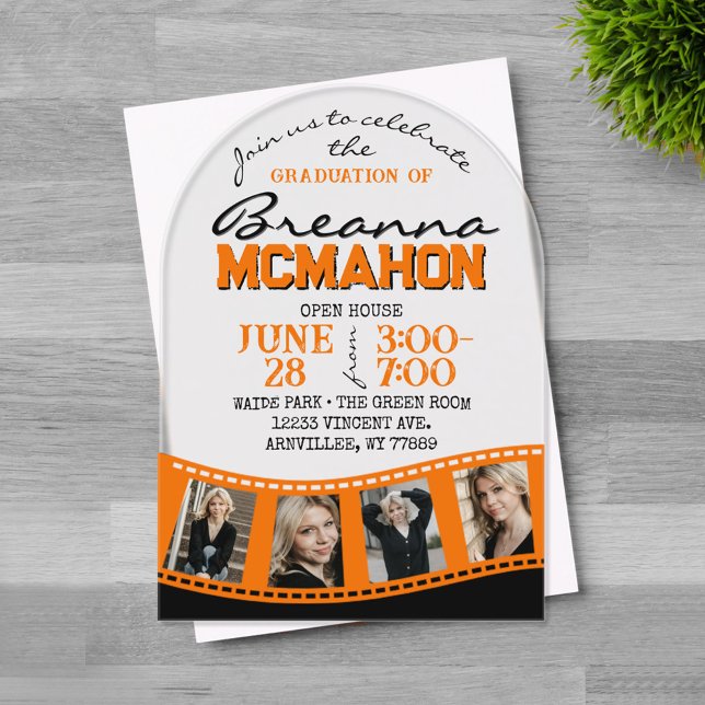 Arch Graduation Photo Filmstrip Orange Frosted Acrylic Invitations (Arched Orange and Black 4 Photo Filmstrip Graduation Invitations on Frosted or Clear Acrylic)