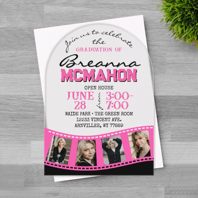 Arch Graduation Photo Filmstrip Pink Frosted Acrylic Invitations (Trendy Arched Pink and Black 4 Photo Filmstrip Graduation Invitation on Frosted Acrylic)