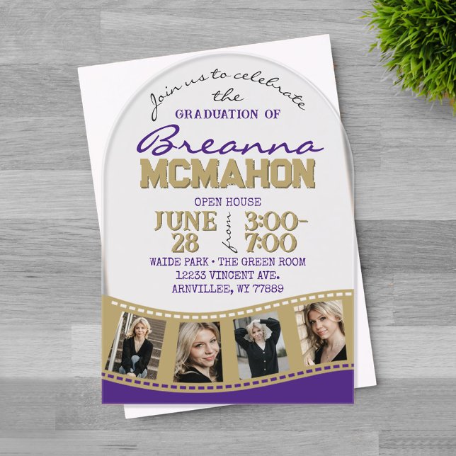 Arch Graduation Photo Filmstrip Purple & Gold Acrylic Invitations (Trendy Unique Arched Bronze Gold and Purple 4 Photo Filmstrip Graduation Invitation)
