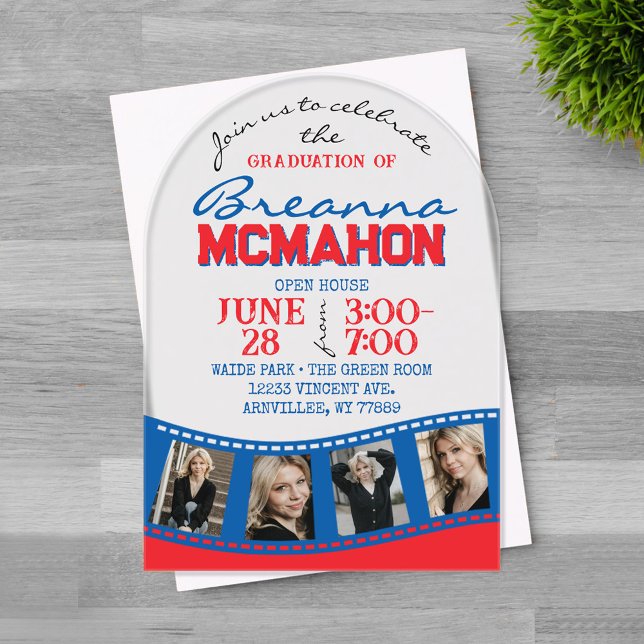 Arch Graduation Photo Filmstrip Red & Blue Frosted Acrylic Invitations (Trendy Unique Arched Red and Blue 4 Photo Filmstrip Graduation Invitation)