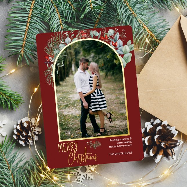 Arch Greenery Merry Christmas Photo Burgundy Foil Holiday Card (You will love these beautiful Christmas cards! They feature botanical watercolor pine and berries.)