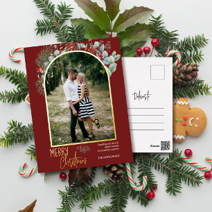Arch Greenery Merry Christmas Photo Burgundy Foil Holiday Postcard