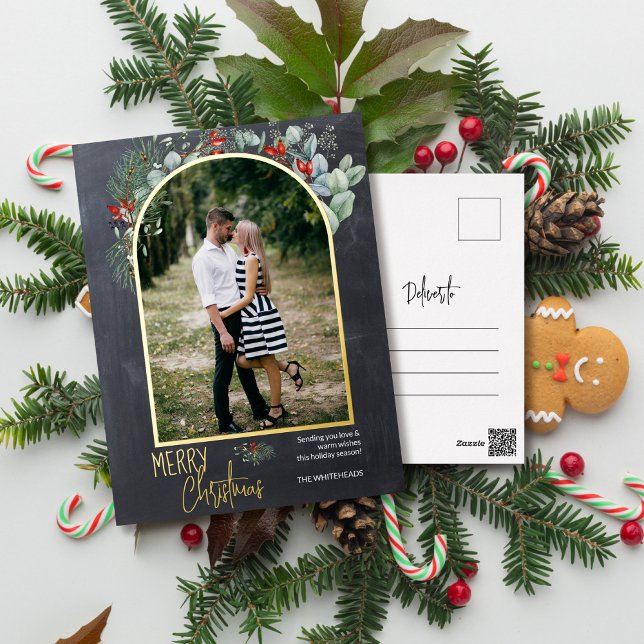 Arch Greenery Merry Christmas Photo Chalkboard Foil Holiday Postcard (You will love these beautiful Christmas cards! They feature botanical watercolor pine and berries.)