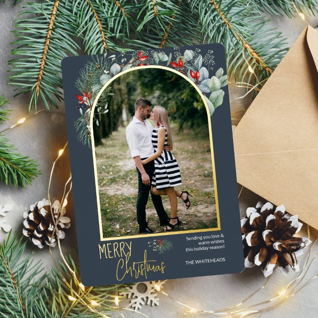 Arch Greenery Merry Christmas Photo Dusty Blue Foil Holiday Card (You will love these beautiful Christmas cards! They feature botanical watercolor pine and berries.)