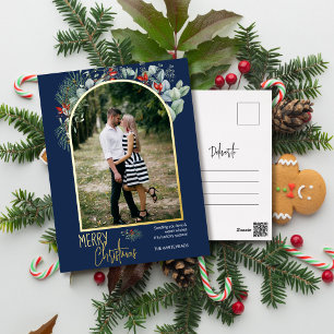 Arch Greenery Merry Christmas Photo Navy Blue Foil Holiday Postcard