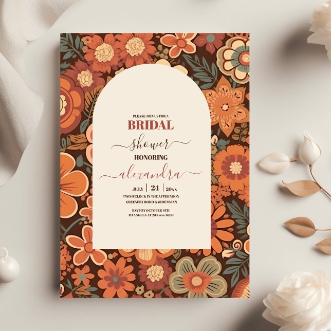 Arch Groovy Retro 70s Floral Bridal Shower Invitation (Creator Uploaded)