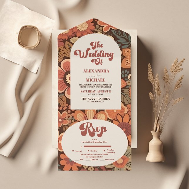 Arch Groovy Retro 70s Floral Wedding All In One Invitation (Creator Uploaded)