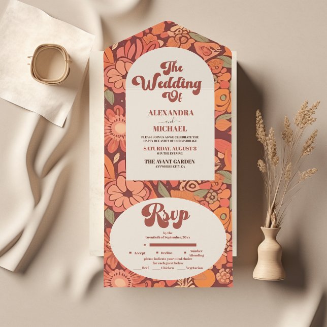 Arch Groovy Retro 70s Floral Wedding All In One Invitation (Creator Uploaded)