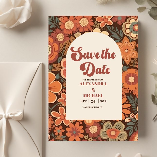Arch Groovy Retro 70s Floral Wedding Save The Date (Creator Uploaded)