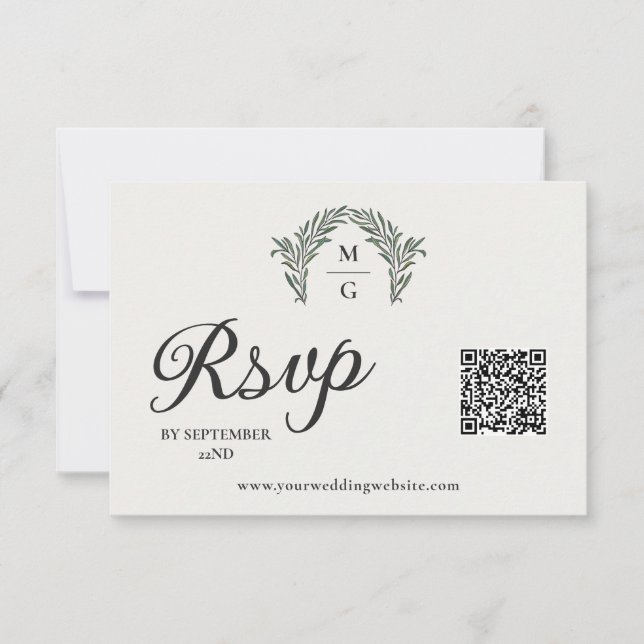 Arch Laurel Wreath Monogram QR Code RSVP Online Card (Front)