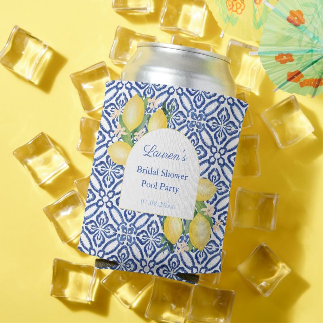 Arch Lemons Blue Tiles Bridal Shower Pool Party Can Cooler (In Situ Summer)