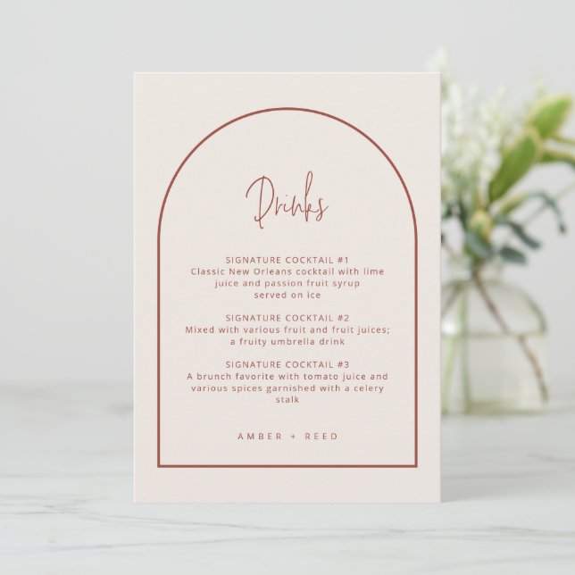 Arch Minimal Script Cream & Terracotta Drinks Menu (Standing Front)