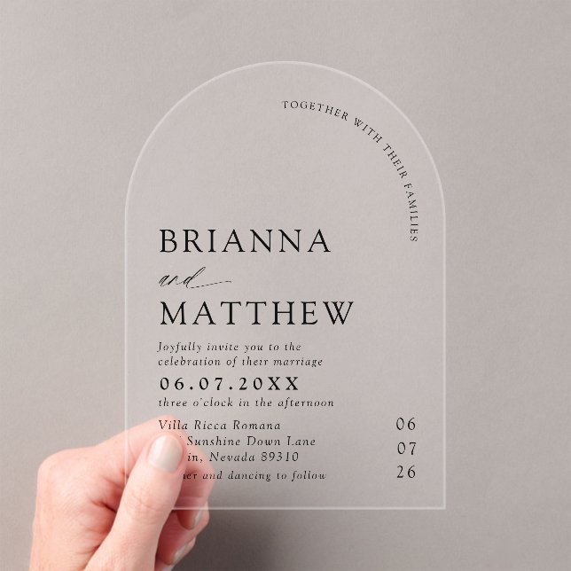 Arch Modern Black & White Minimalist Wedding Acrylic Invitations (Insitu (Handheld))